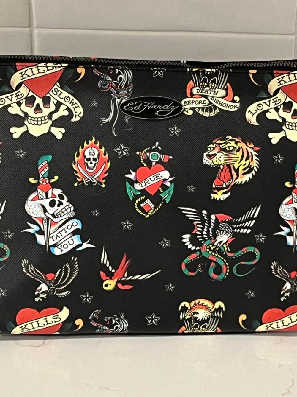 ED HARDY Black SKULL Cosmetic Bag Travel Bathroom Makeup NWT Y2K Tattoo Tiger